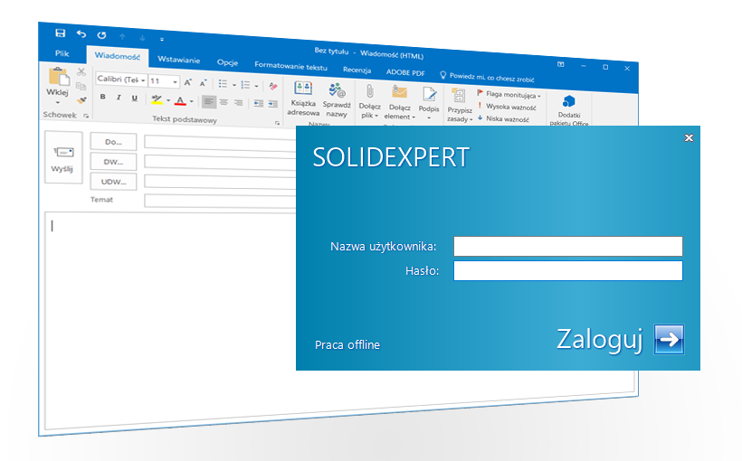 Okno logowania SOLIDWORKS PDM podczas pisania nowej wiadomości w Outlook 2016
