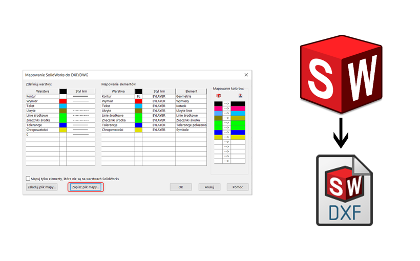 Jak ustawić plik mapowania SOLIDWORKS podczas eksportowania do pliku DXF/DWG?